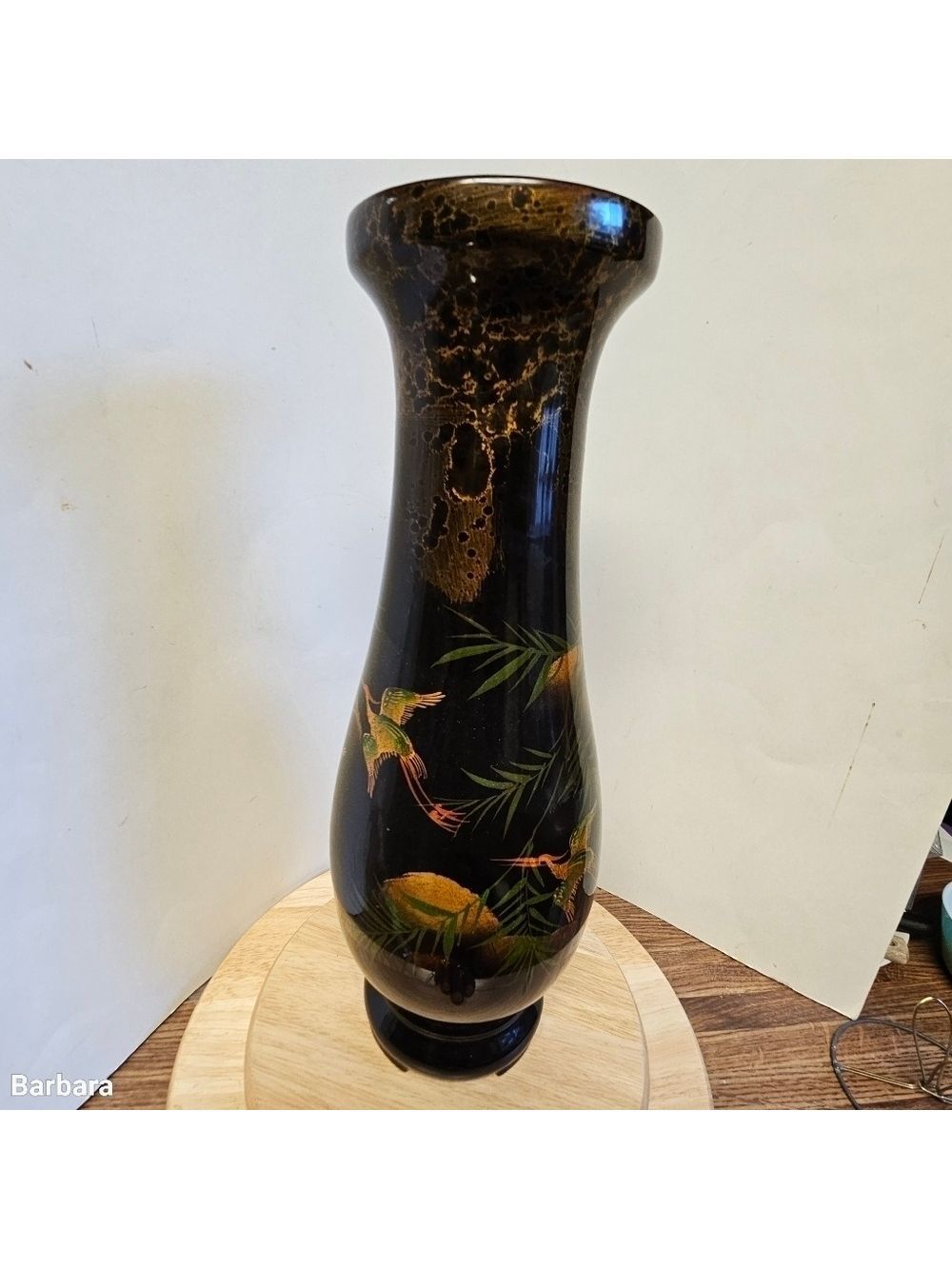 Vintage Japanese-style Hand-painted Lacquered Flying Cranes Vase